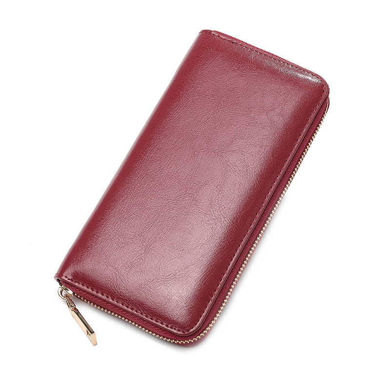 Women's Oil Wax Grain Cowhide Zip Long Genuine Leather Large Ladies Wallet