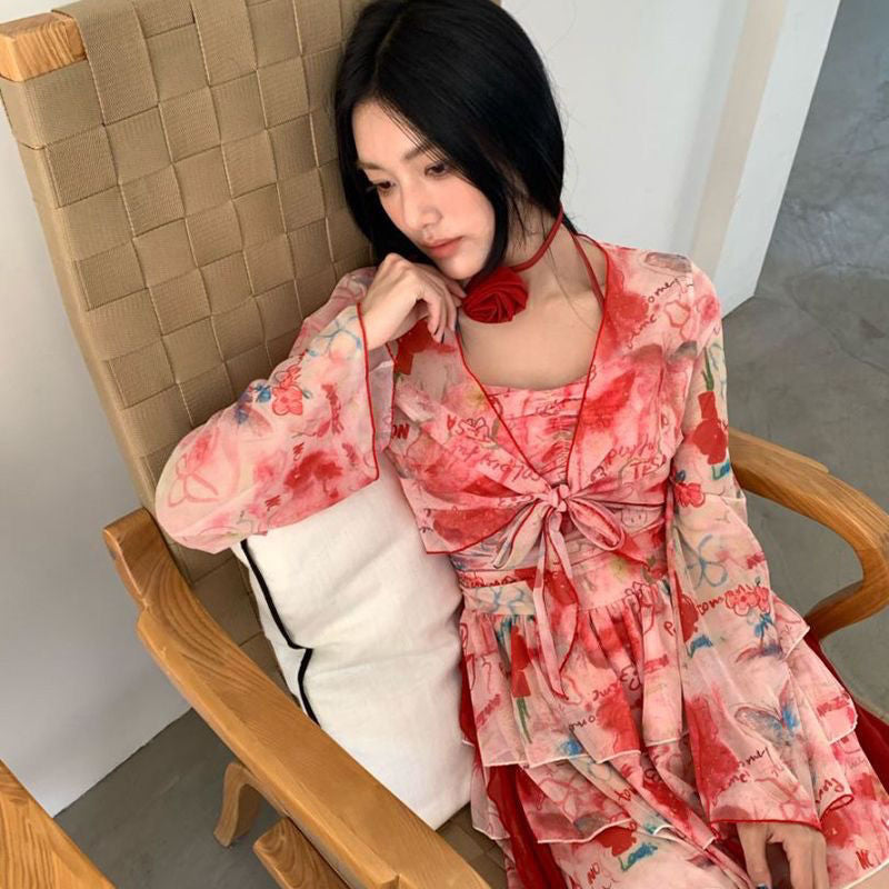 Vacation Blouse Swimsuit Red Printed Dress Slimming Slim Ladies Wallet