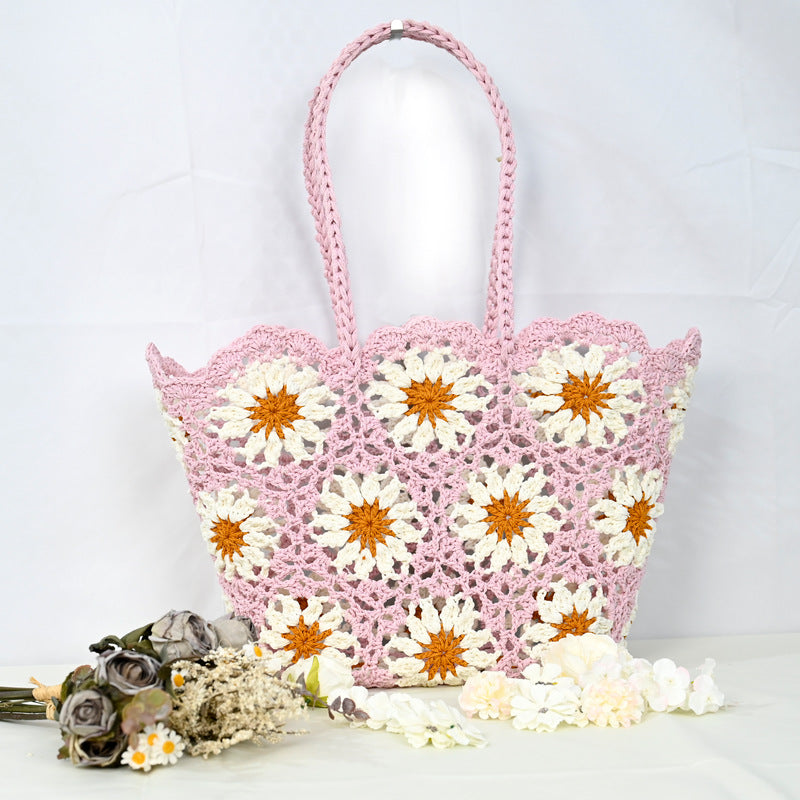 Women's Patchwork Hollow Leisure Vacation Bearded Needle Korean Tote Bags