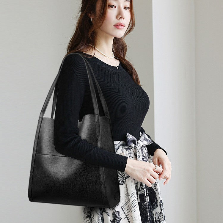 Women's Simple Commute Waterproof Soft Leather Shopping Bucket Bags
