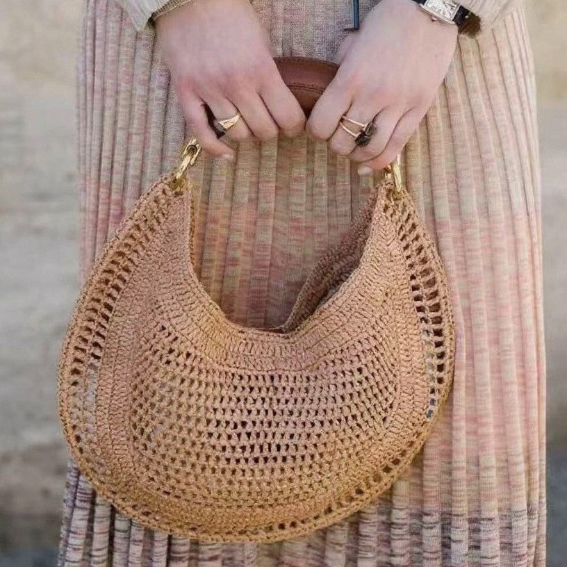 Design Straw Woven Moon Soft Leather Textured Women's Shoulder Bag
