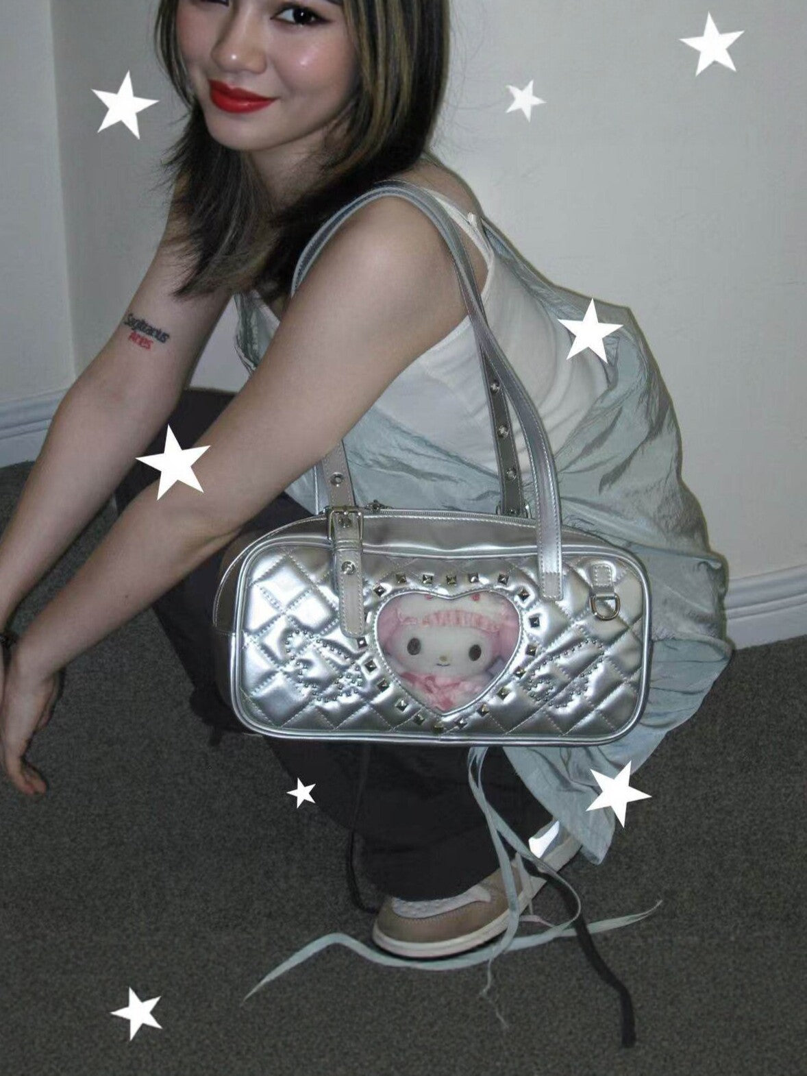 Women's Love Rhombus Cartoon Rivet Heart-shaped Window Plush Doll Women's Shoulder Bag