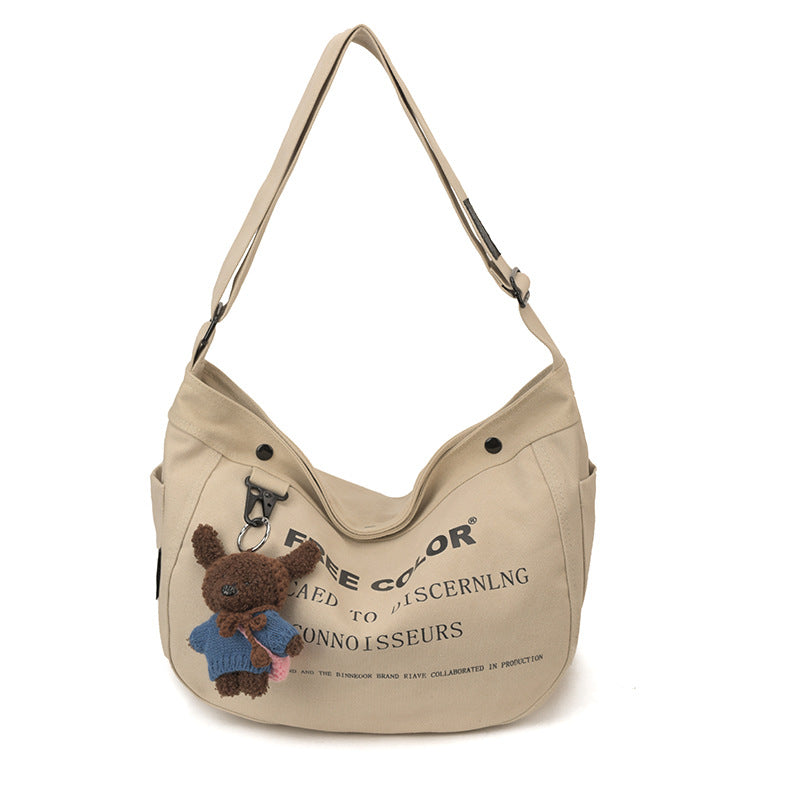Khaki Korean Style Canvas Female Letter Retro Versatile Large Bags