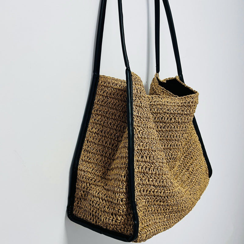 Women's Capacity French Style Straw Niche Woven Vacation Beach Solid Color Bags
