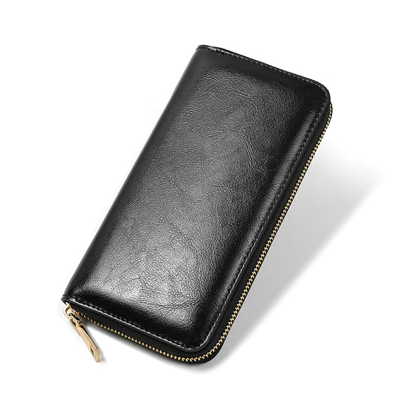 Women's Oil Wax Grain Cowhide Zip Long Genuine Leather Large Ladies Wallet