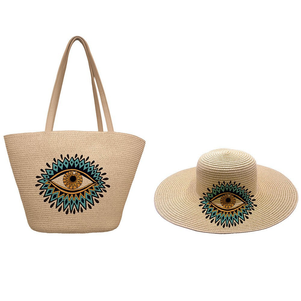 Women's Style Straw Woven Hat Set Vintage Eye Print Bags