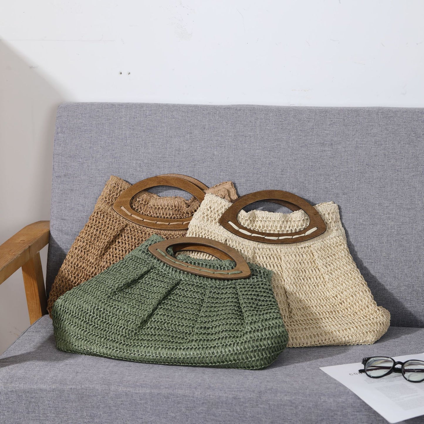 Women's Mori Style Wooden Straw Beach Idyllic Women's Handbag