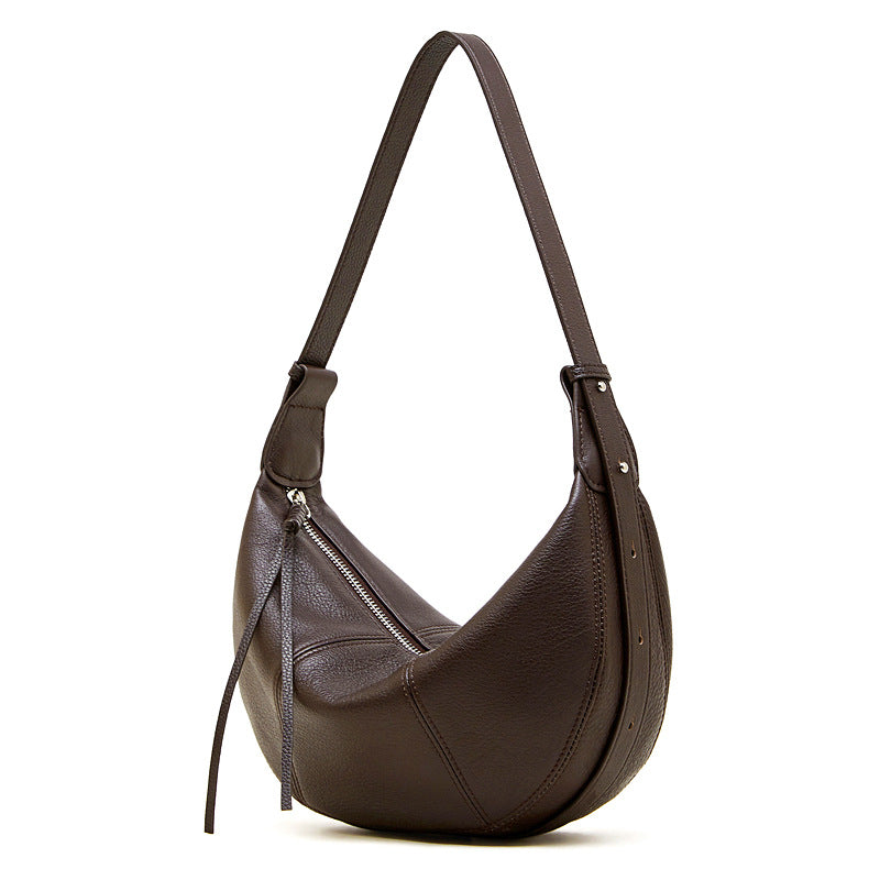 Women's Layer Cowhide Croissant Dumpling Genuine Leather Niche Practical Commuter Solid Bags