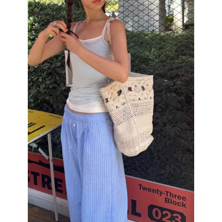 French Single Straw Hollow Lace Woven Vacation Women's Leather Bag
