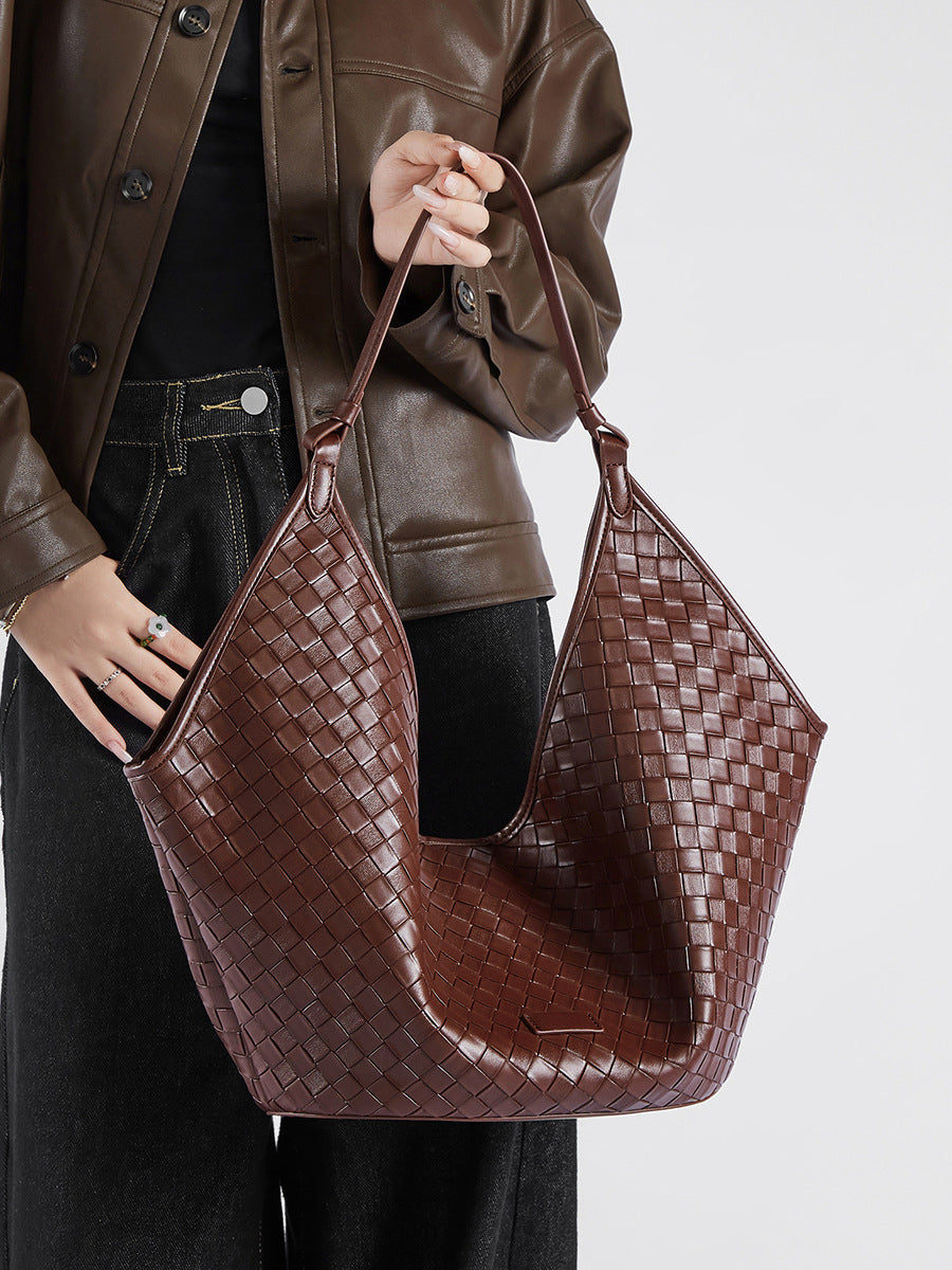 Genuine Leather Large Capacity Female Fashionable Stylish Cowhide Woven Pattern Women's Shoulder Bag