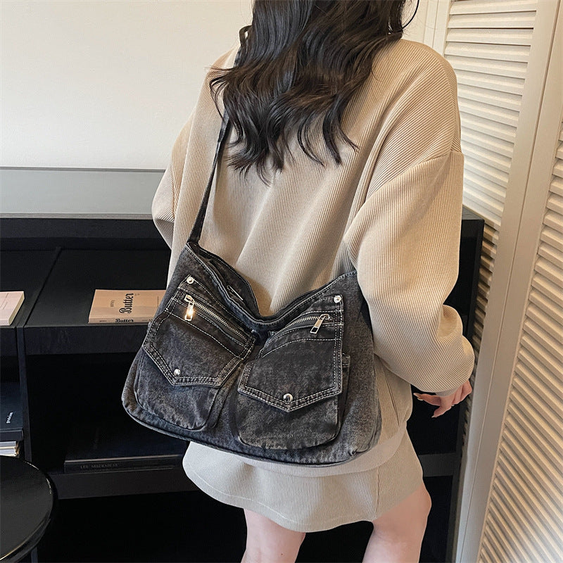 Minority Motorcycle Double Pocket Denim Female Large Tote Bag