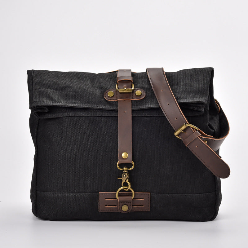 Men's Waterproof Oil Wax Canvas Vintage Crazy Horse Leather Motorcycle Men's Shoulder Bag