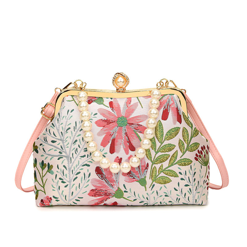 Women's Super Popular Pearl Contrast Color Flower Shell Women's Shoulder Bag