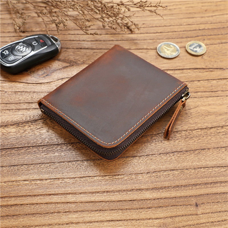 Men's Crazy Horse First Layer Short Cowhide Zipper Ladies Wallet