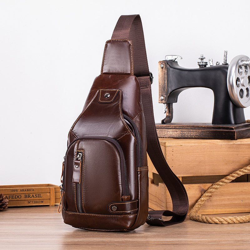 Men's Cowhide Portable Riding Cell Leather Men's Chest Bag