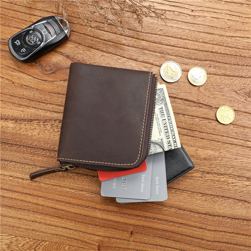 Men's Crazy Horse First Layer Short Cowhide Zipper Ladies Wallet