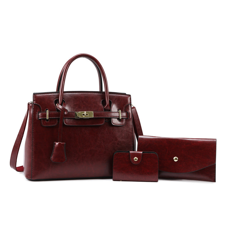 Mother Oil Leather Retro Three-piece Large Women's Handbag
