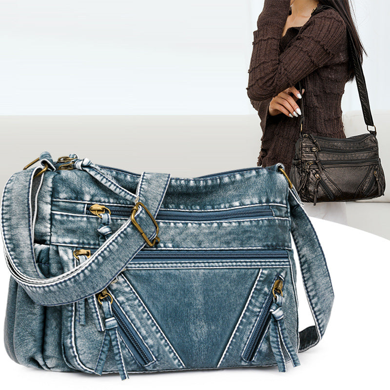 Women's Retro Washed Genuine Leather Motorcycle To Give Mom Smiling Bags