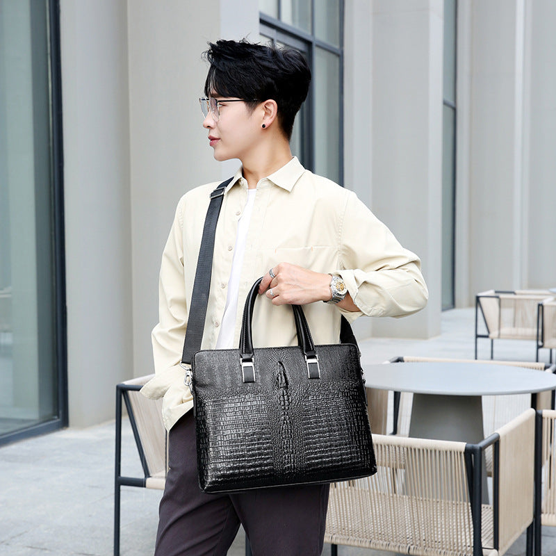 Men's Genuine Leather Double Zipper Business Crocodile Head Trendy Men's Briefcase