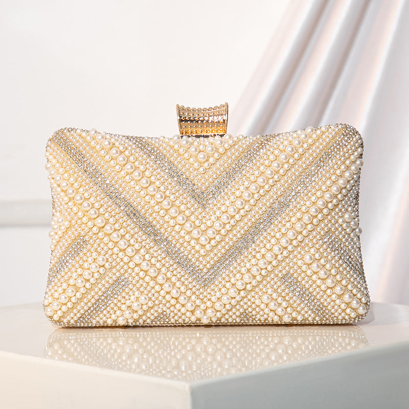Handmade Beaded Pearl Wrist Bezel Setting Rhinestone Dinner Bag