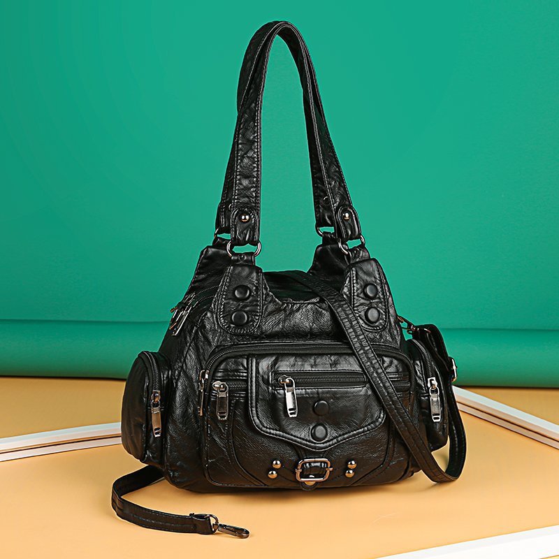 Women's Contrast Color Rivet Washed Leather Portable Soft Women's Shoulder Bag