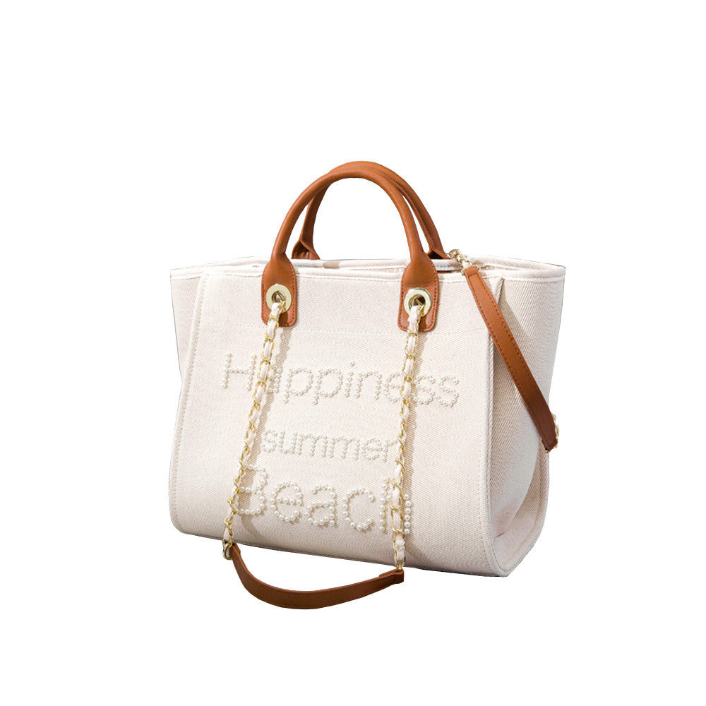 Women's Classic Style Pearl Embroidered Canvas Large Capacity White Women's Shoulder Bag