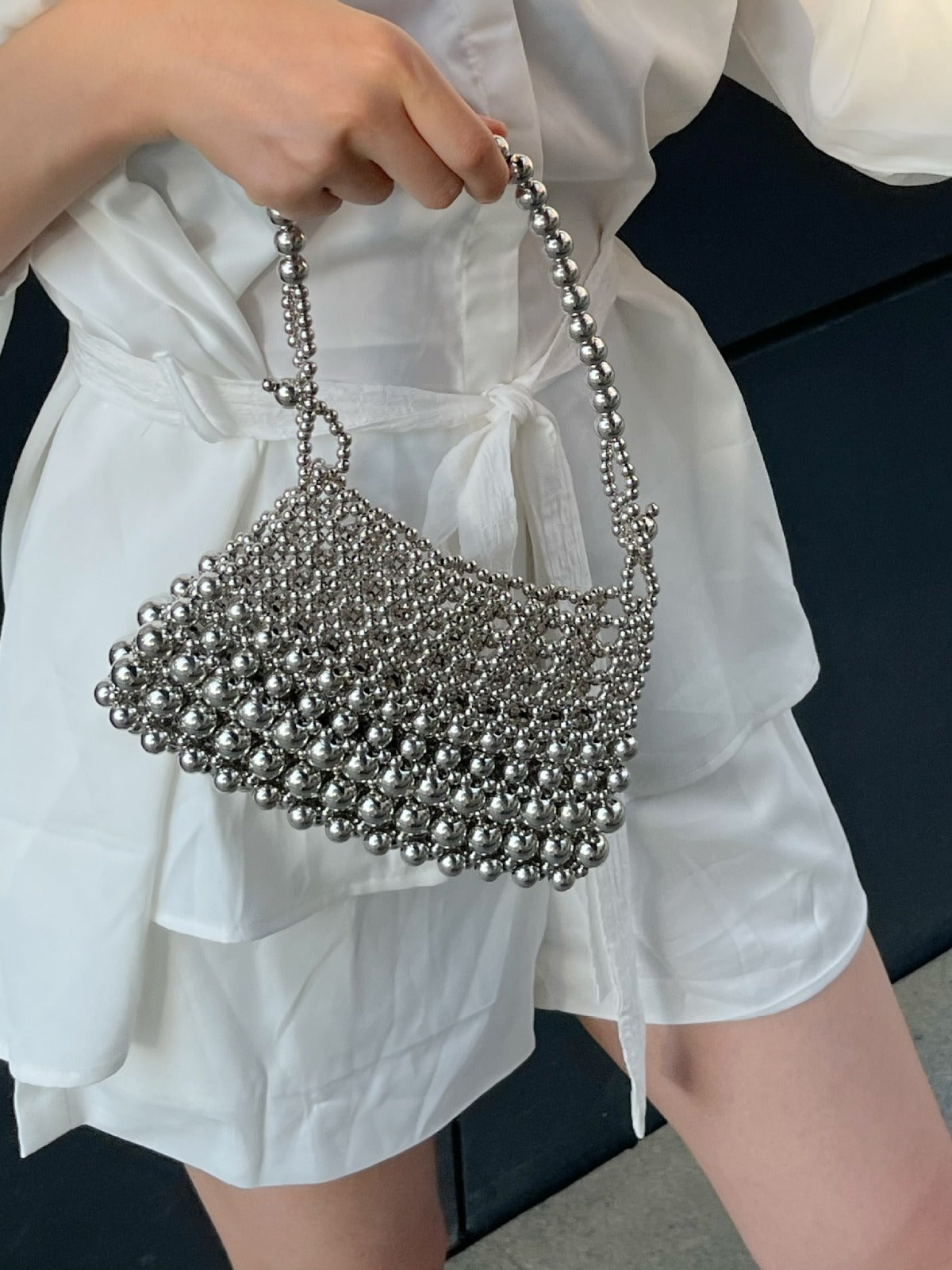 Women's Retro French Bow Flower Chain Hand-woven Beads Pearl Bags