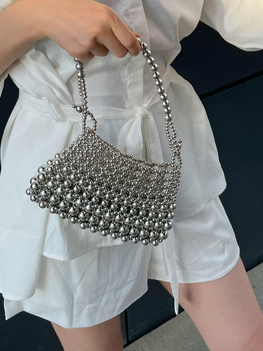 Women's Retro French Bow Flower Chain Hand-woven Beads Pearl Bags
