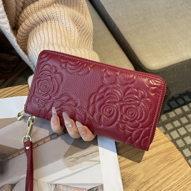 Women's Real Leather Long Single Zipper Fashion Camellia First Layer Ladies Wallet