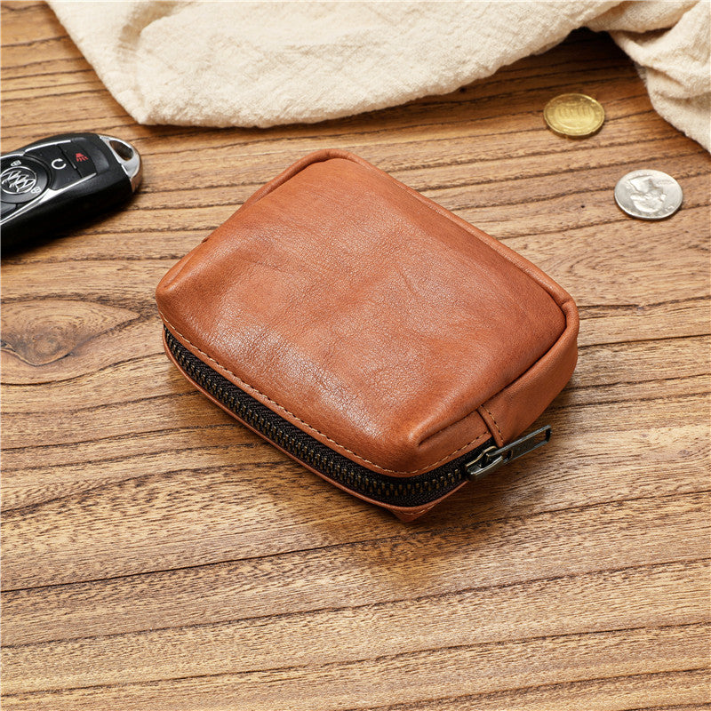 Women's & Men's Cowhide Handmade Zipper Leather Three-dimensional Storage Men's Wallet
