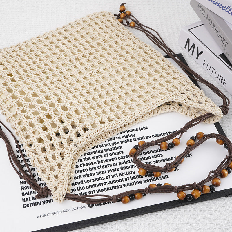 Net Weaving Hollow Wooden Bead Vacation Style Bags