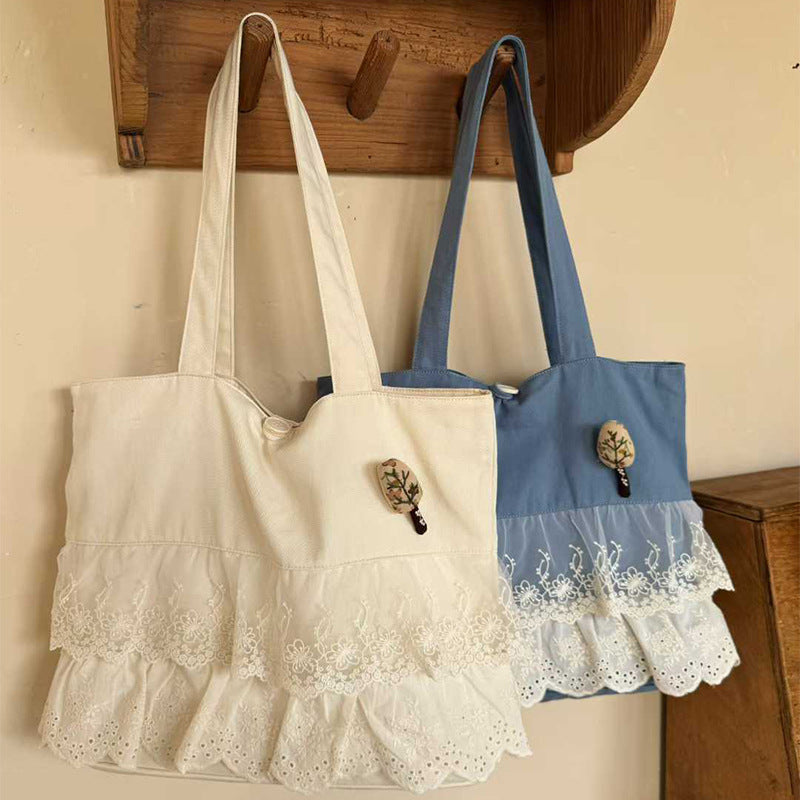 Women's Lace Layered Stitching Canvas Large Capacity Commuter Women's Shoulder Bag