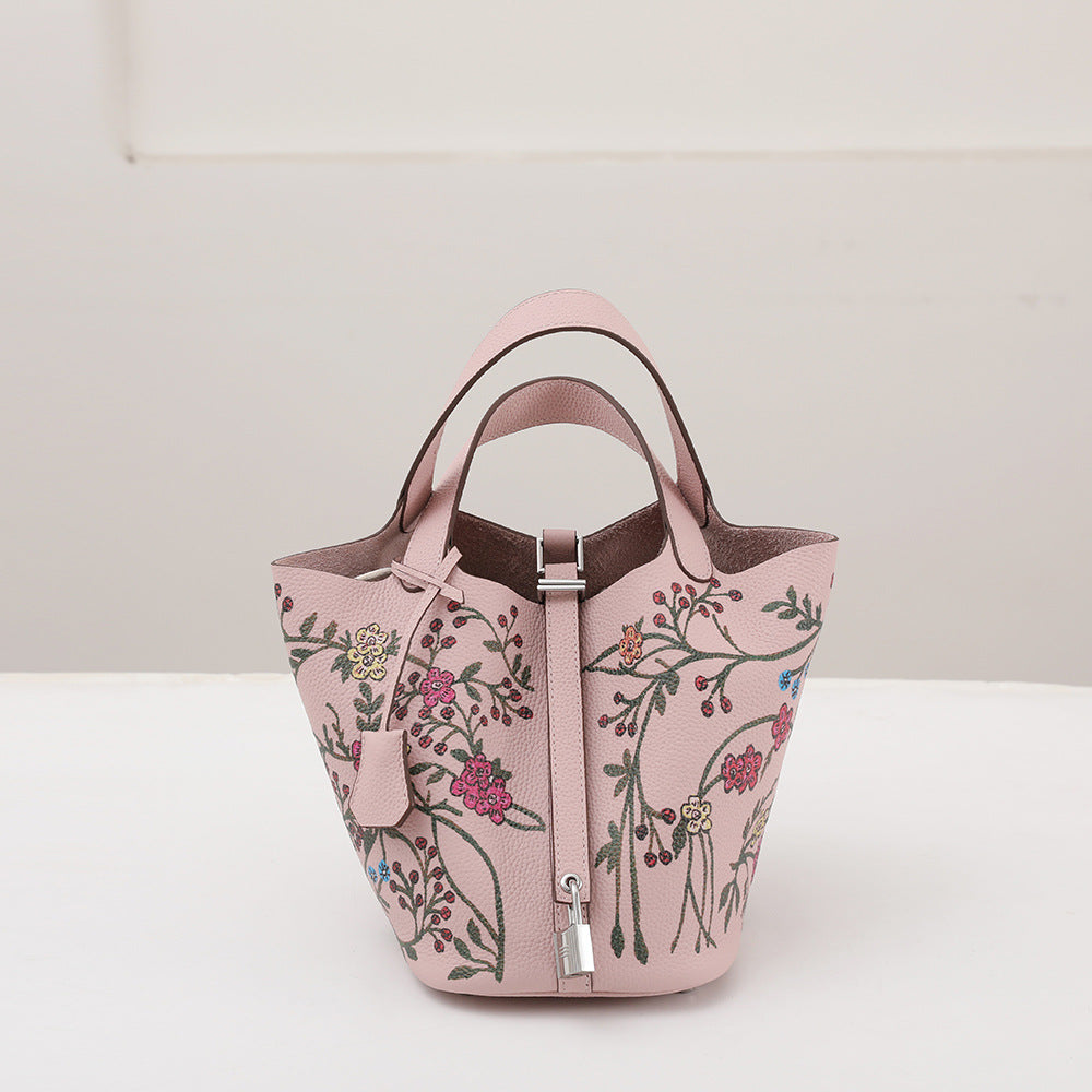 Women's First Layer Cowhide Painted Vegetable Basket Portable Genuine Bags