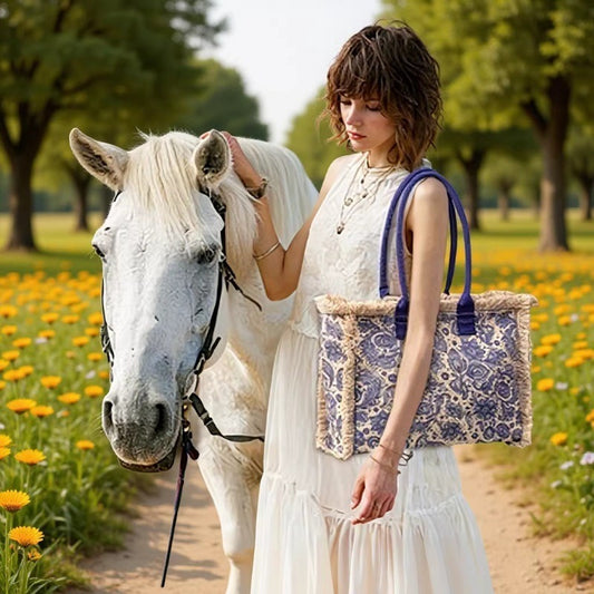 Women's Bohemian Vintage Zipper Large Capacity Canvas Tote Bag