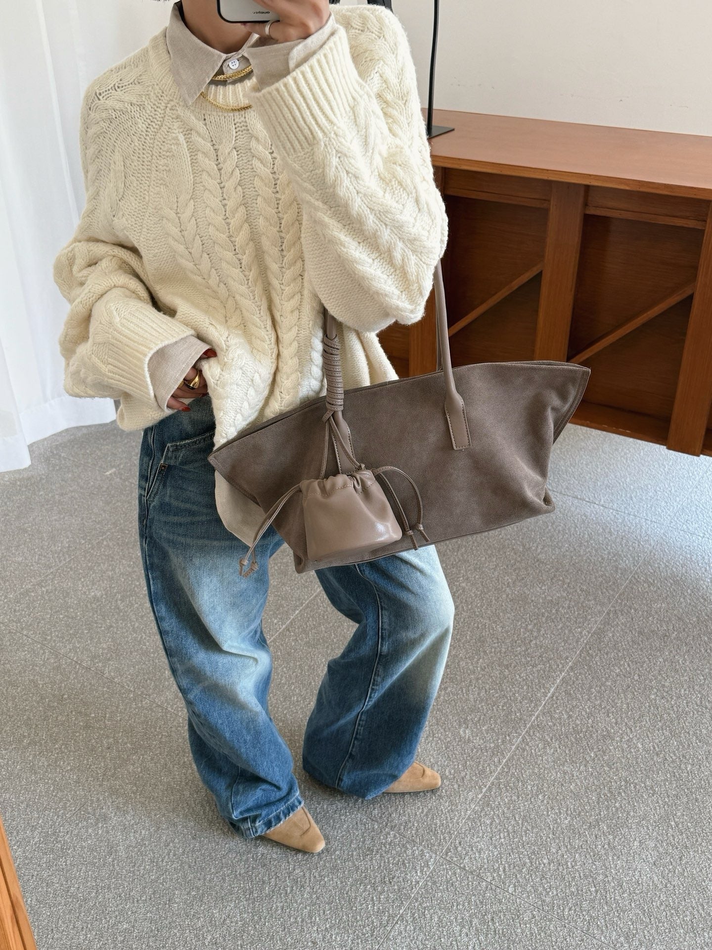 Frosted Cowhide Full Leather Fabric Three Simple Bags