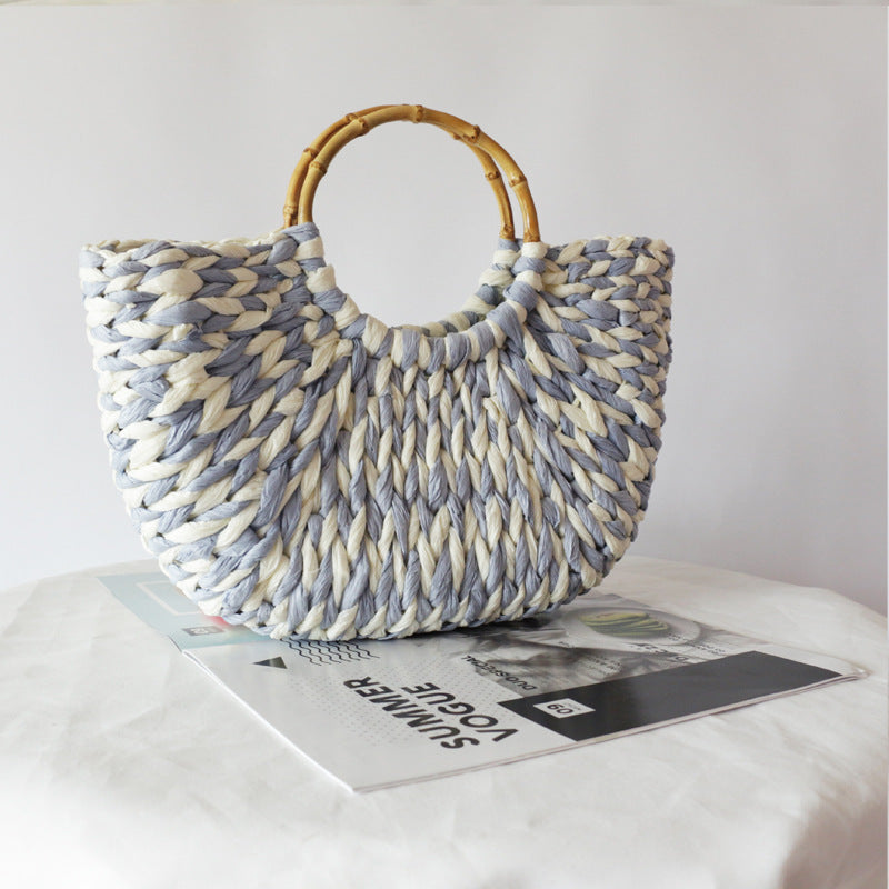 Bamboo Blue White Straw Woven Round Women's Handbag