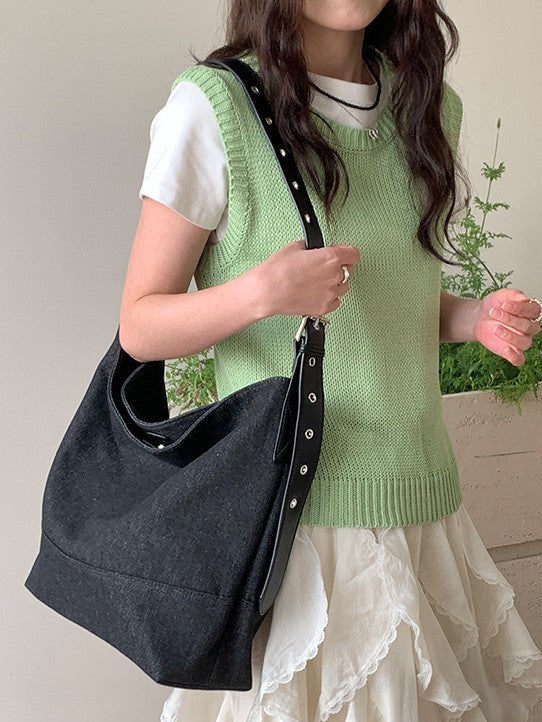 Women's Canvas Stitching Leather Niche Large Capacity Tote Bags