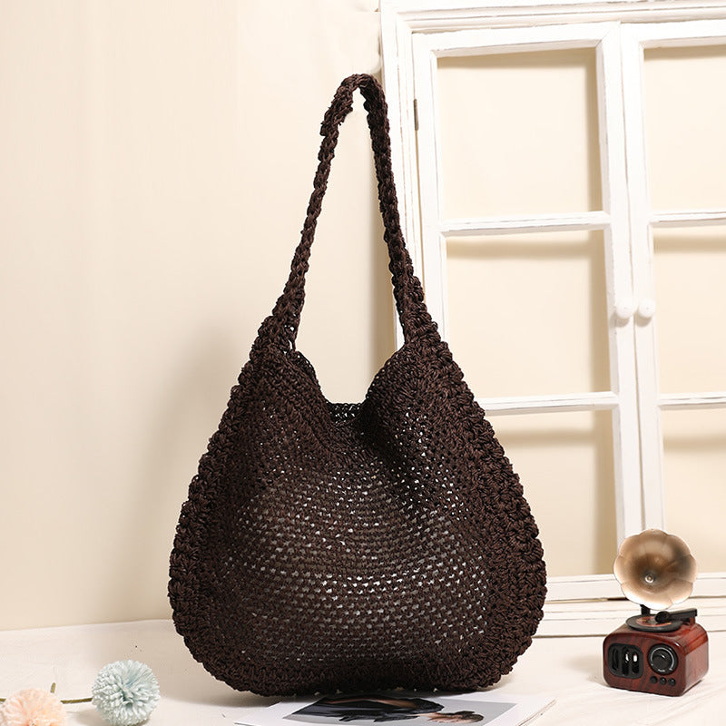 Women's Large Capacity Straw Hollow Solid Color Woven Seaside Vacation Style Women's Shoulder Bag