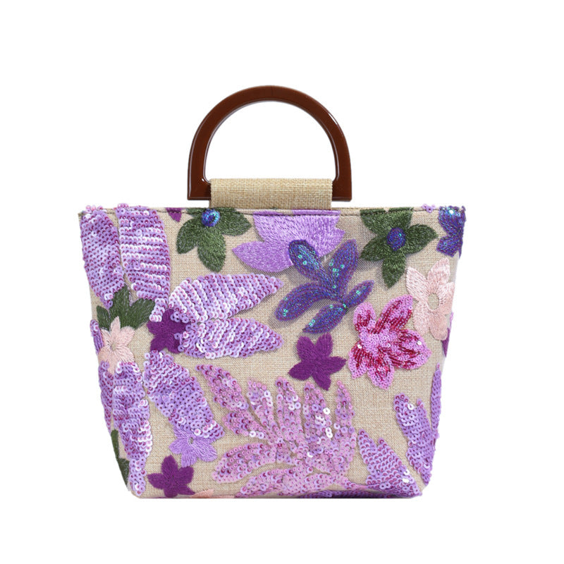 Summer Bamboo Advanced Texture Color Sequins Linen Embroidery Women's Handbag