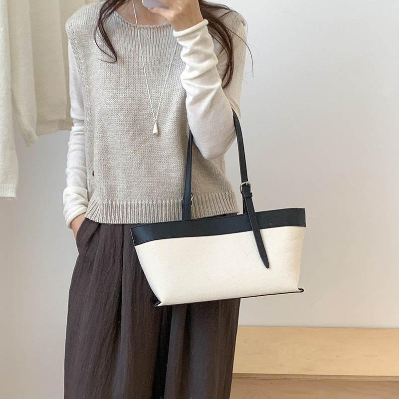 Women's Niche Canvas Stitching Contrast Color Commute Large Women's Shoulder Bag