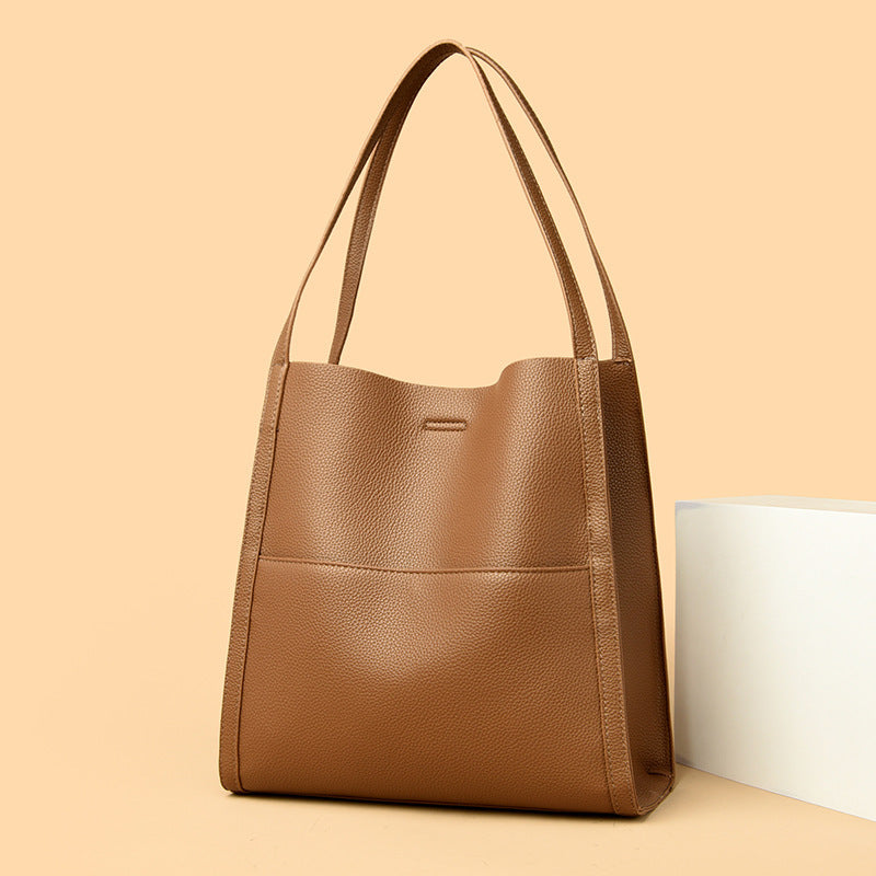 Women's Simple Commute Waterproof Soft Leather Shopping Bucket Bags