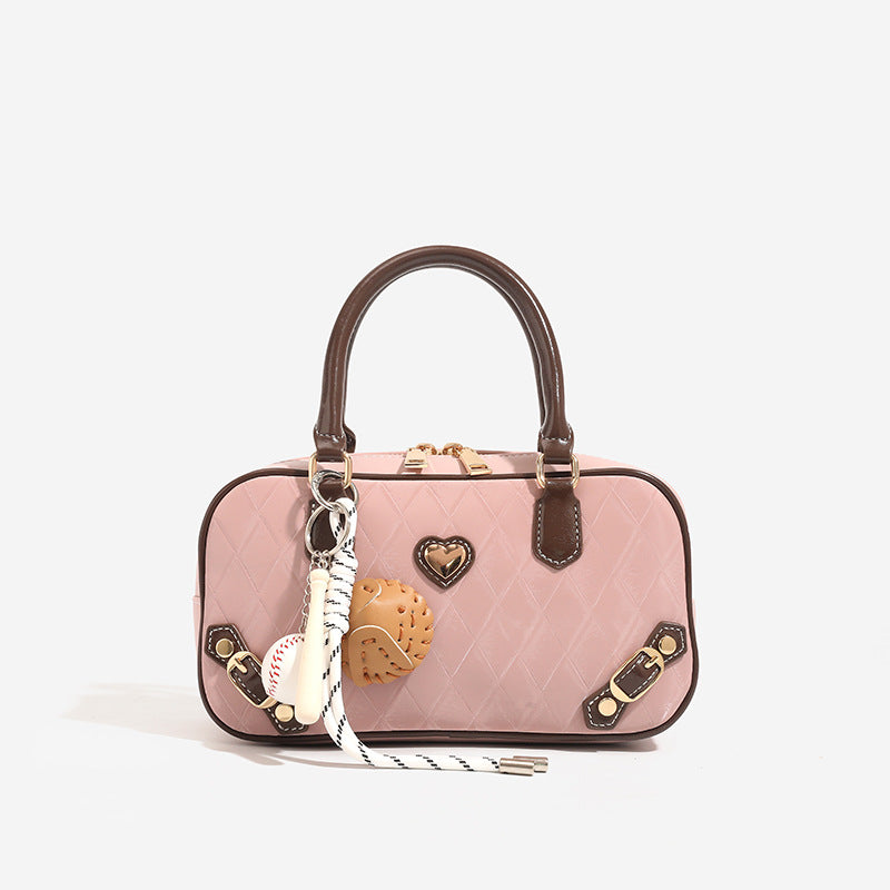 Women's Design Rhombus Bowling Boston Contrast Color Love Hand Women's Handbag