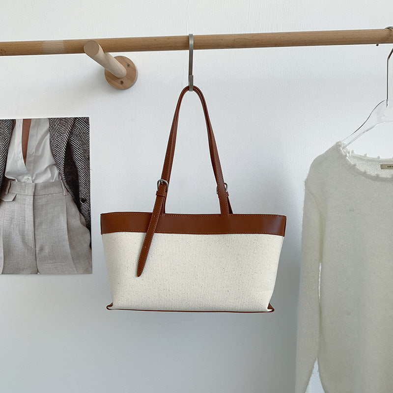 Women's Niche Canvas Stitching Contrast Color Commute Large Women's Shoulder Bag