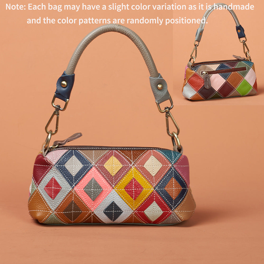 Women's Fashion Cattle Leather Color Plaid Stitching Underarm Portable Bags