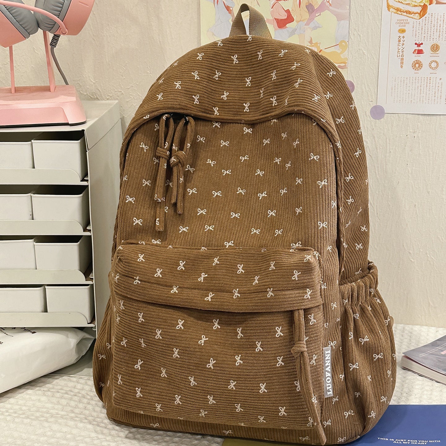 Corduroy Bowknot Large Capacity Female For College Student Schoolbag