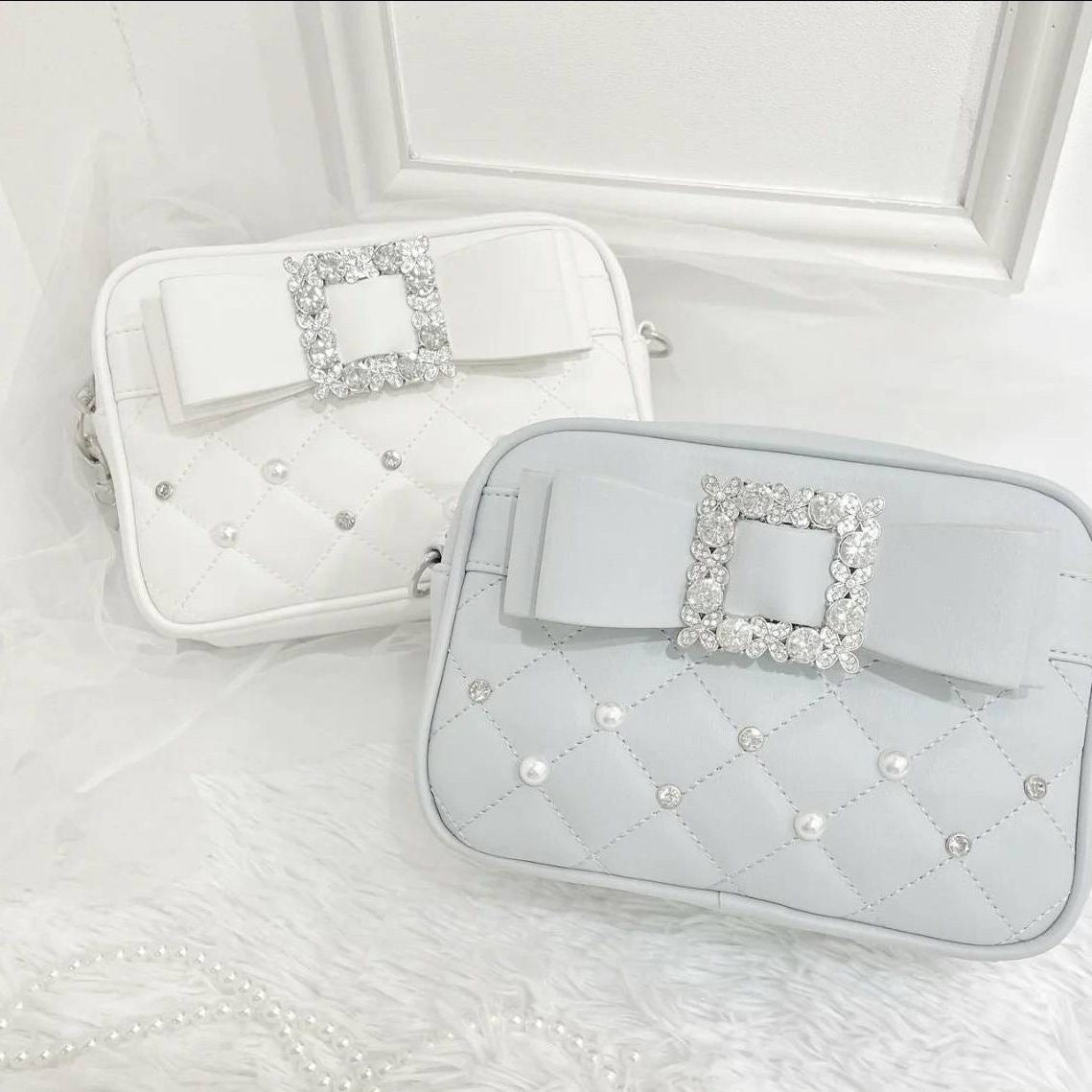 Bow Girly Fashion Pearl Rhinestone Rhombus Small Square Bags