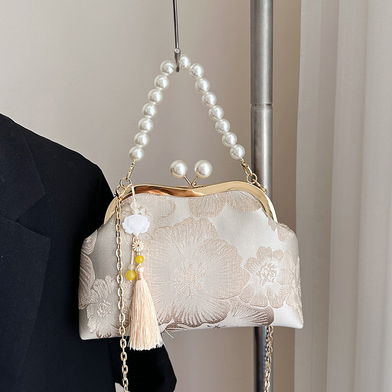 Women's Embroidered Flower Dinner Pearl Tassel Chain Small Square Bag