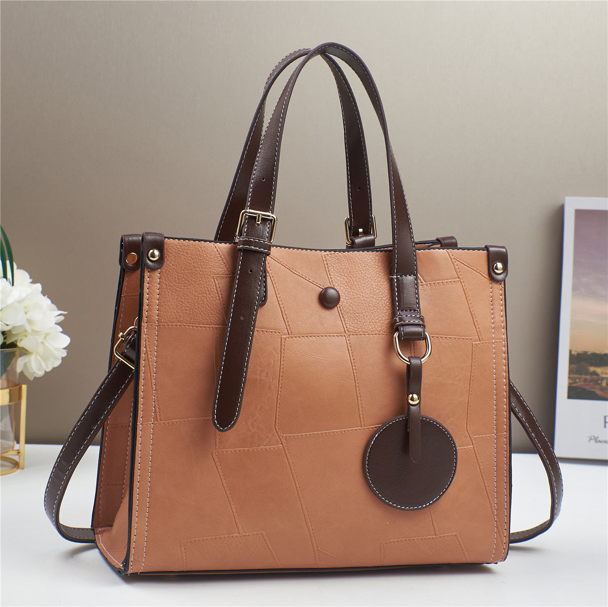 Women's Color Authentic Leather Tactile Feel Trendy Stitching Cute Women's Shoulder Bag