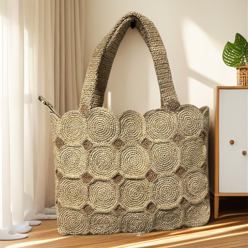 Capacity Hand Crocheting Three-dimensional Flowers Woven Summer Seaside Vacation Retro Tote Bags