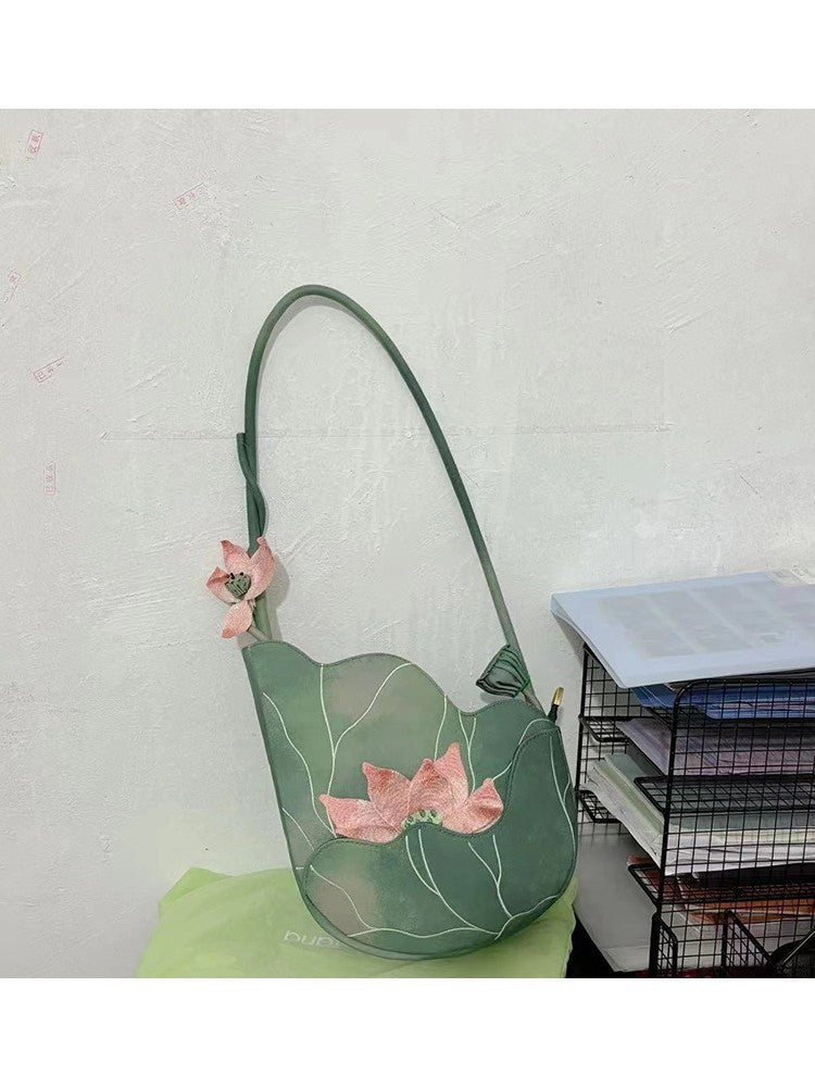 Lotus Chinese Style Handmade Embroidery Artistic Cheongsam Elegant Portable Women's Shoulder Bag